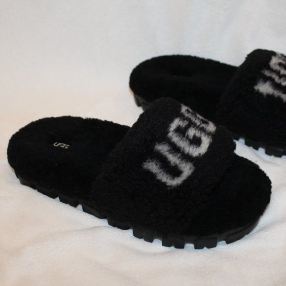 UGG COZETTA CURLY LOGO SHEARLING SLIPPER SANDALS BLACK‎ NATURAL 6.5 - Picture 5 of 6
